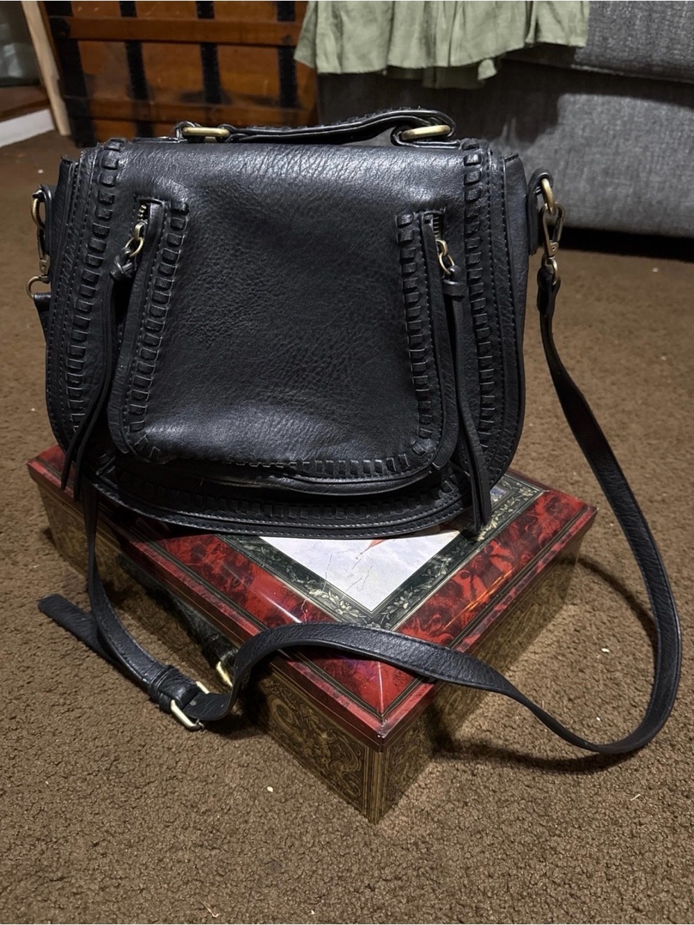 Madison West Black Leather Crossbody Satchel with Woven Trim
